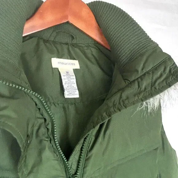 Fun DOWN Puffer VEST Maurices M with Faux Fur on Removable Hood Olive Green - Picture 4 of 13